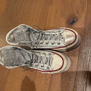 Converse Platform Sneakers in White with Red Trim and Silver Rhinestones